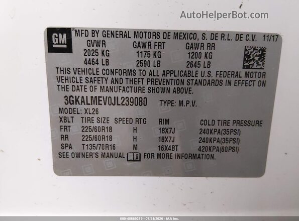 3GKALMEV0JL239080 2018 GMC TERRAIN White Vista del compartimento del motor