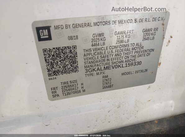 3GKALMEV0KL159330 2019 GMC TERRAIN White Vista del compartimento del motor