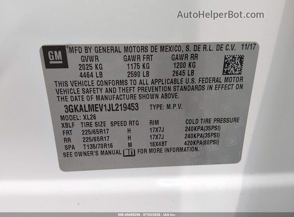 3GKALMEV1JL219453 2018 GMC TERRAIN White Շարժիչի բաժամունքի տեսք