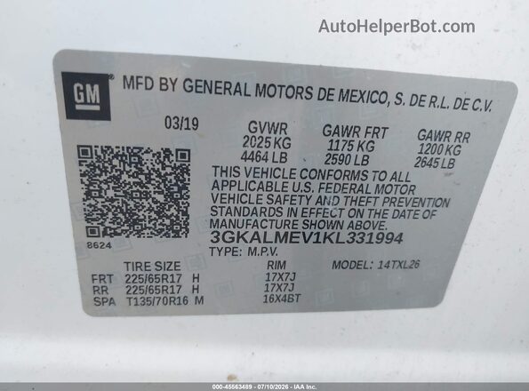 3GKALMEV1KL331994 2019 GMC TERRAIN White Вид підкапотного простору