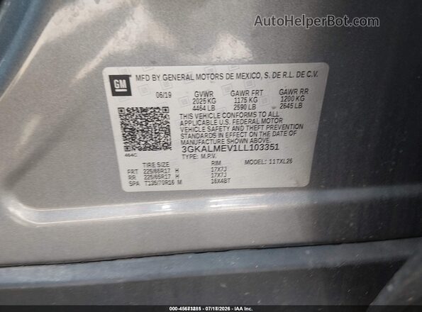 3GKALMEV1LL103351 2020 GMC TERRAIN Gray Vista del compartimento del motor