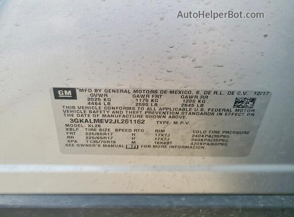 3GKALMEV2JL261162 2018 GMC TERRAIN Silver Панорамний вид салону 360°