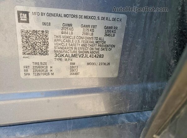 3GKALMEV2JL414283 2018 GMC TERRAIN Gray Widok naklejki z numerem VIN