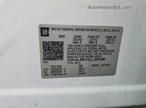 3GKALMEV2LL329186 2020 GMC TERRAIN White Вид наклейки з VIN-кодом