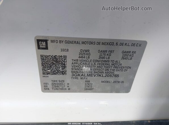 3GKALMEV3KL205765 2019 GMC TERRAIN White Вид підкапотного простору