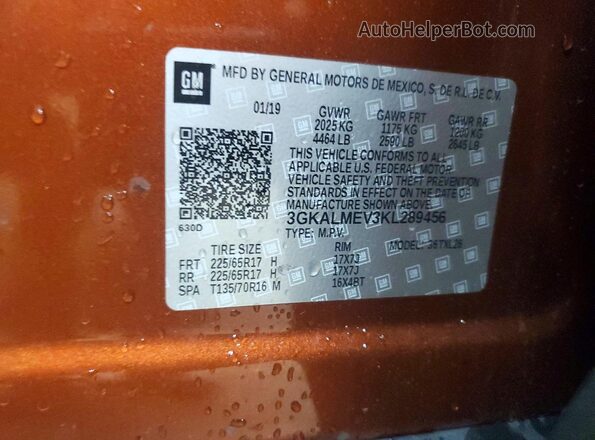 3GKALMEV3KL289456 2019 GMC TERRAIN Orange Vista de la etiqueta del VIN