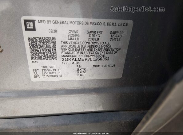 3GKALMEV3LL260363 2020 GMC TERRAIN Gray Vista del compartimento del motor