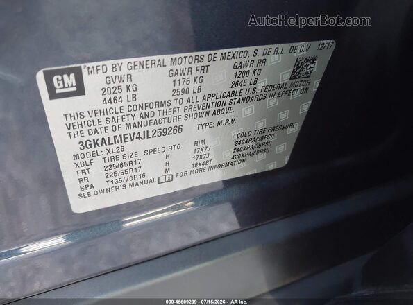3GKALMEV4JL259266 2018 GMC TERRAIN Dark Blue Vista del compartimento del motor