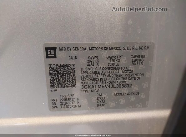 3GKALMEV4JL365832 2018 GMC TERRAIN Silver Вид підкапотного простору