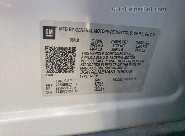 3GKALMEV4KL106078 2019 GMC TERRAIN Silver Vista de la etiqueta del VIN