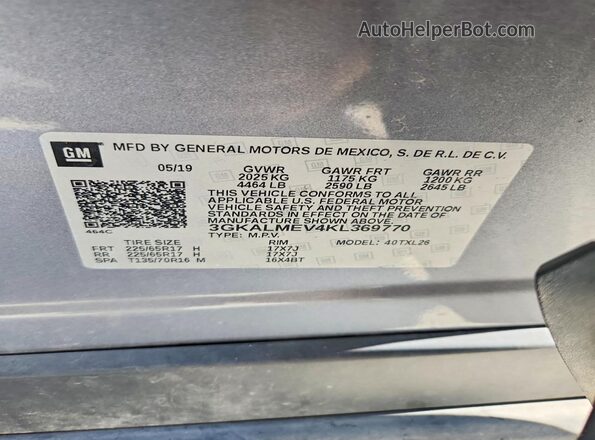 3GKALMEV4KL369770 2019 GMC TERRAIN Gray VIN კოდის სტიკერის ხედი
