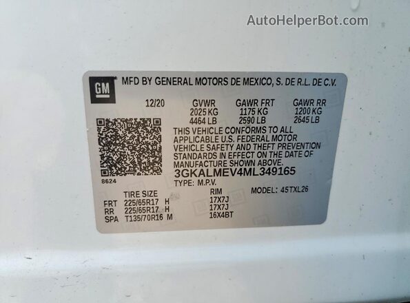 3GKALMEV4ML349165 2021 GMC TERRAIN White Панорамний вид салону 360°