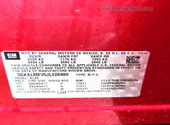 3GKALMEV5JL228480 2018 GMC TERRAIN Burgundy VIN sticker view