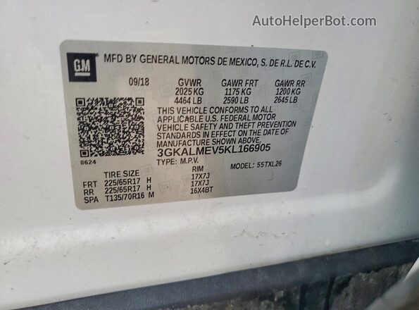 3GKALMEV5KL166905 2019 GMC TERRAIN Белый Вид наклейки с VIN-кодом