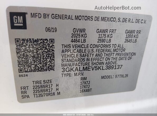 3GKALMEV5KL389137 2019 GMC TERRAIN White Vista del compartimento del motor