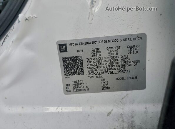 3GKALMEV5LL196777 2020 GMC TERRAIN White Vista del compartimento del motor