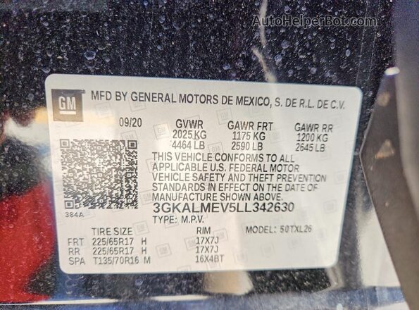 3GKALMEV5LL342630 2020 GMC TERRAIN Black Vista de la etiqueta del VIN