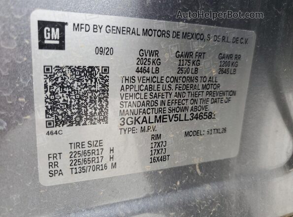 3GKALMEV5LL346581 2020 GMC TERRAIN Gray Панорамний вид салону 360°