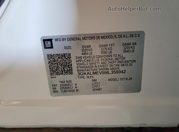 3GKALMEV5ML359042 2021 GMC TERRAIN White Widok naklejki z numerem VIN