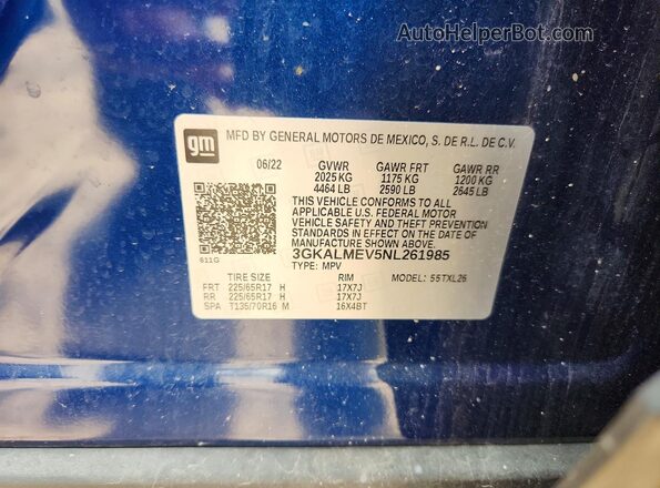 3GKALMEV5NL261985 2022 GMC TERRAIN Blue Vista de la etiqueta del VIN