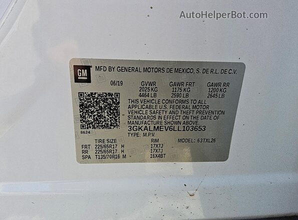 3GKALMEV6LL103653 2020 GMC TERRAIN White Vista del compartimento del motor