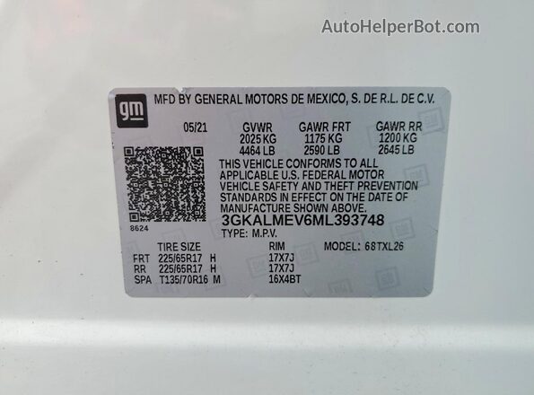 3GKALMEV6ML393748 2021 GMC TERRAIN White Vista de la etiqueta del VIN