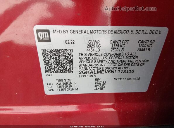 3GKALMEV6NL173110 2022 GMC TERRAIN Red Շարժիչի բաժամունքի տեսք