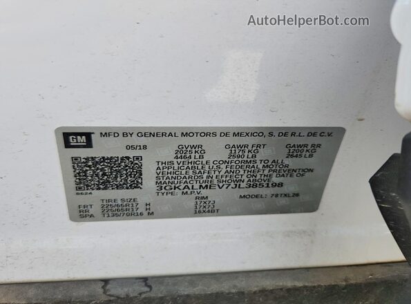 3GKALMEV7JL385198 2018 GMC TERRAIN White Vista de la etiqueta del VIN