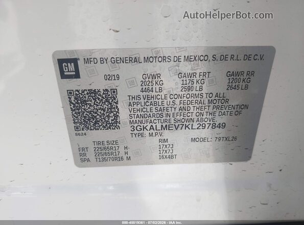 3GKALMEV7KL297849 2019 GMC TERRAIN White Vista del compartimento del motor