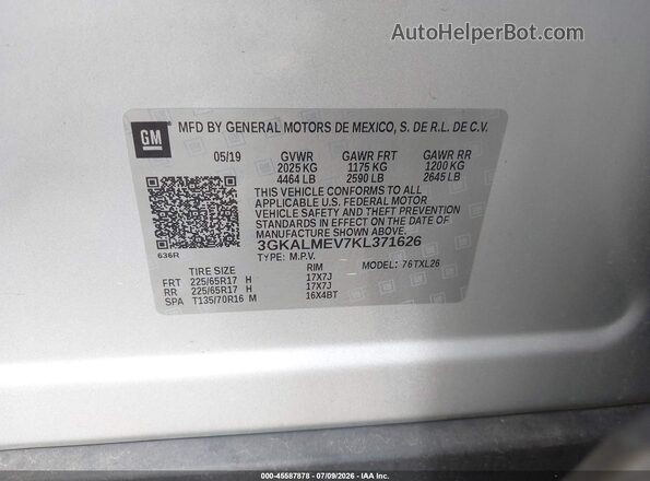 3GKALMEV7KL371626 2019 GMC TERRAIN Серебряный Вид подкапотного пространства