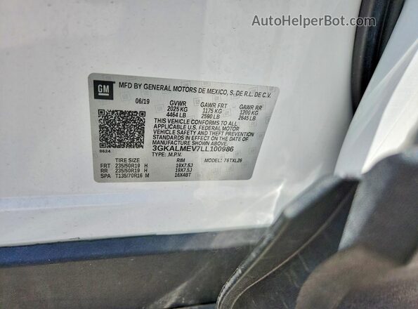 3GKALMEV7LL100986 2020 GMC TERRAIN White VIN կոդի պիտակի տեսք