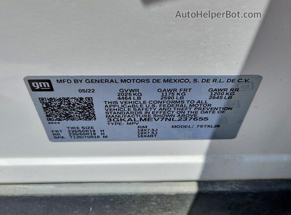 3GKALMEV7NL237655 2022 GMC TERRAIN Белый Вид наклейки с VIN-кодом