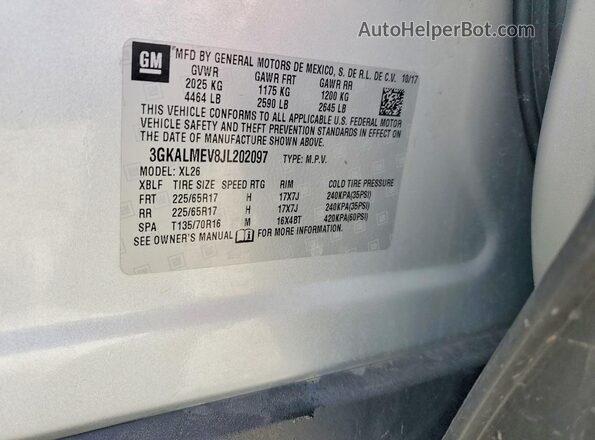 3GKALMEV8JL202097 2018 GMC TERRAIN Silver VIN კოდის სტიკერის ხედი