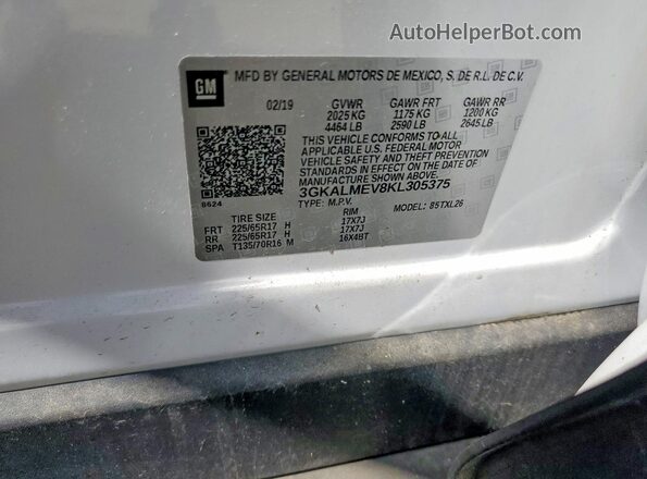 3GKALMEV8KL305375 2019 GMC TERRAIN White VIN կոդի պիտակի տեսք