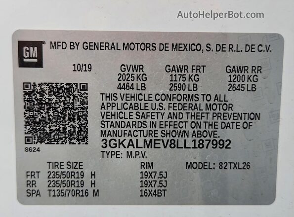 3GKALMEV8LL187992 2020 GMC TERRAIN White Widok naklejki z numerem VIN