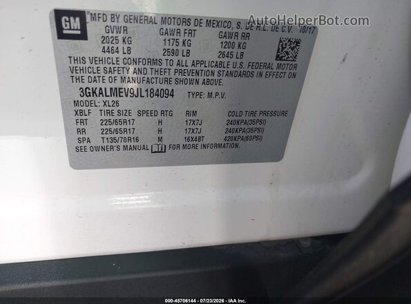 3GKALMEV9JL184094 2018 GMC TERRAIN White Engine compartment view