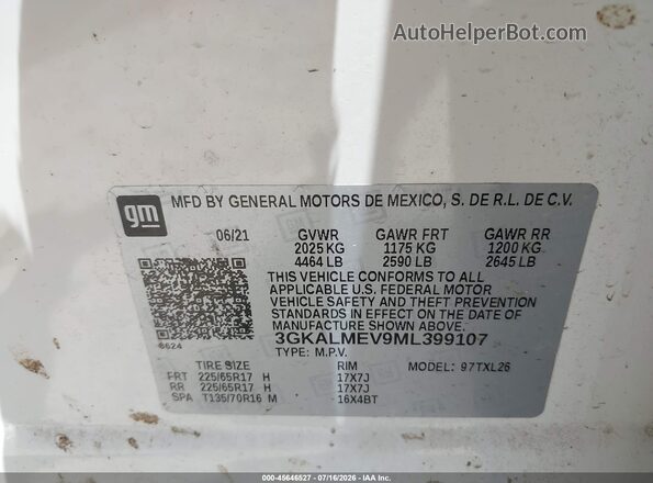3GKALMEV9ML399107 2021 GMC TERRAIN White Engine compartment view