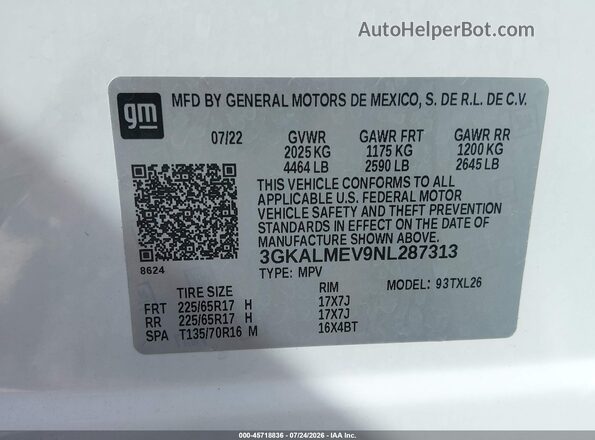 3GKALMEV9NL287313 2022 GMC TERRAIN White ძრავის განყოფილების ხედი