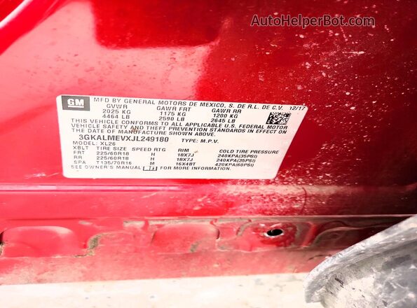 3GKALMEVXJL249180 2018 GMC TERRAIN Burgundy VIN կոդի պիտակի տեսք