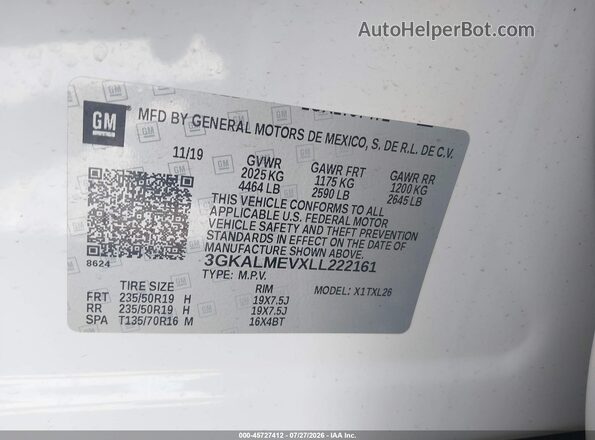 3GKALMEVXLL222161 2020 GMC TERRAIN Белый Вид подкапотного пространства