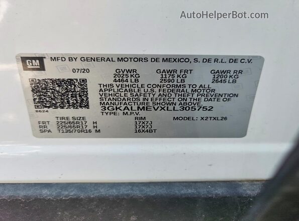 3GKALMEVXLL305752 2020 GMC TERRAIN Белый Вид наклейки с VIN-кодом