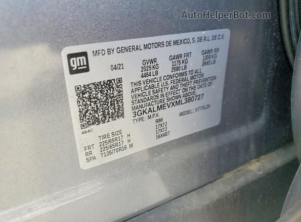 3GKALMEVXML380727 2021 GMC TERRAIN Gray Vista de la etiqueta del VIN
