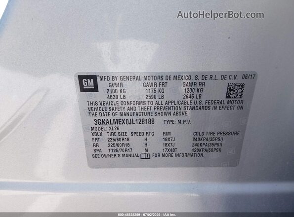 3GKALMEX0JL128188 2018 GMC TERRAIN Silver Widok komory silnika