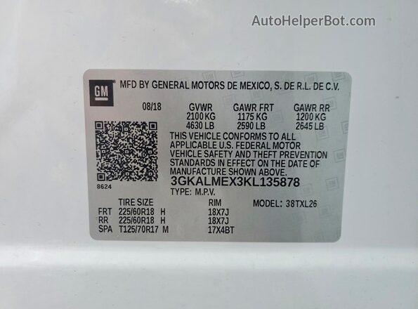 3GKALMEX3KL135878 2019 GMC TERRAIN White Vista interior de 360 grados