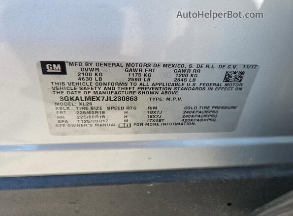 3GKALMEX7JL230863 2018 GMC TERRAIN Silver Vista de la etiqueta del VIN