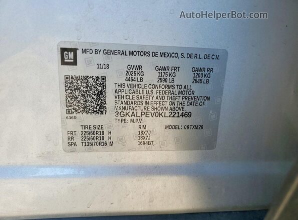 3GKALPEV0KL221469 2019 GMC TERRAIN Silver Vista de la etiqueta del VIN