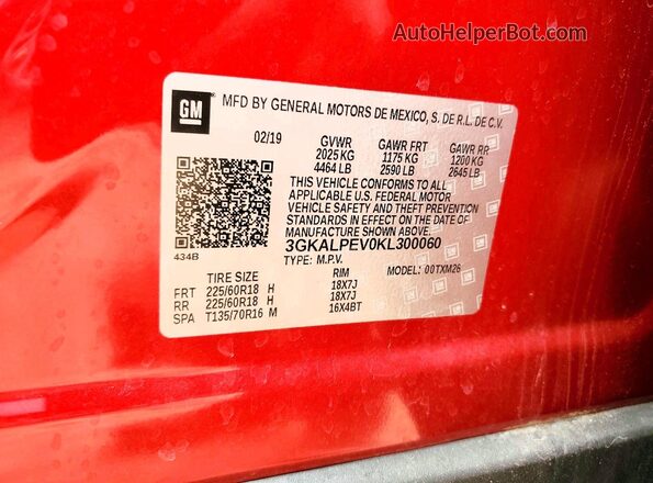3GKALPEV0KL300060 2019 GMC TERRAIN Red Vista de la etiqueta del VIN