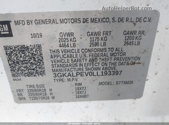 3GKALPEV0LL193397 2020 GMC TERRAIN White Engine compartment view