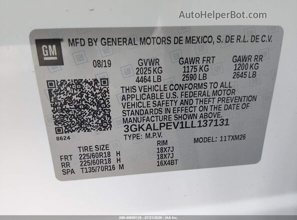3GKALPEV1LL137131 2020 GMC TERRAIN White Շարժիչի բաժամունքի տեսք