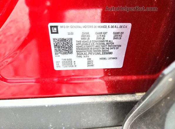 3GKALPEV1ML335080 2021 GMC TERRAIN Red VIN კოდის სტიკერის ხედი